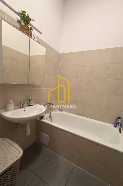 Koupelna s vanou a umyvadlem, součást 2pokojového bytu.