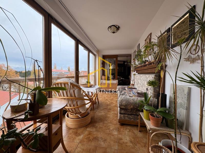 Interiérová fotografie zimní zahrady v 5 a více pokojovém bytě s množstvím rostlin.