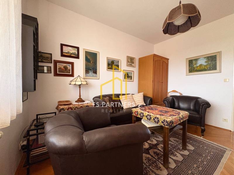 Pokoj pětipokojového a většího bytu s koženým nábytkem a podlahou s dřevěným dekorem.