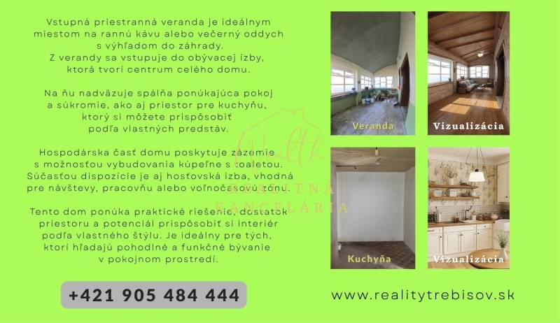 Nemovitost na prodej nabízí prostornou verandu a kuchyň s dřevěným dekorem.