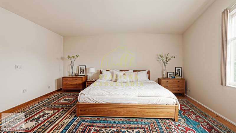 Ložnice v rodinném domě s postelí, nočními stolky a barevným kobercem.