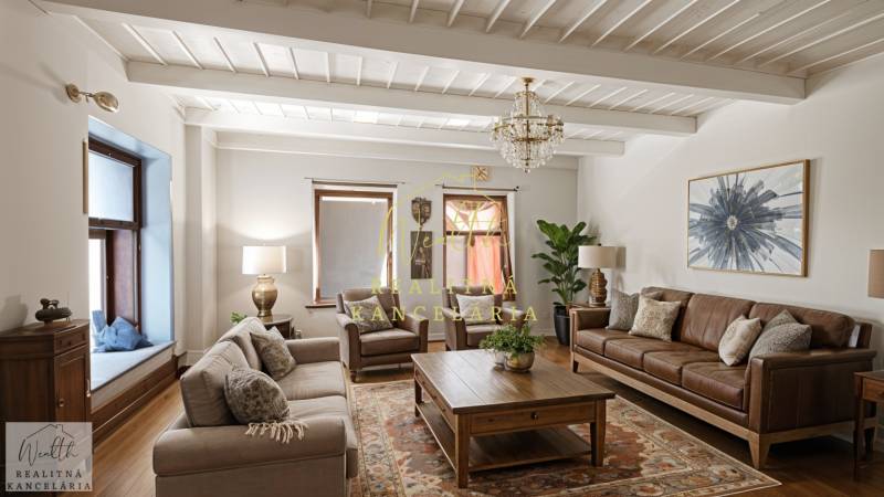 Obývací pokoj v rodinném domě s koženou sedačkou, podlahou s dřevěným dekorem a kobercem.