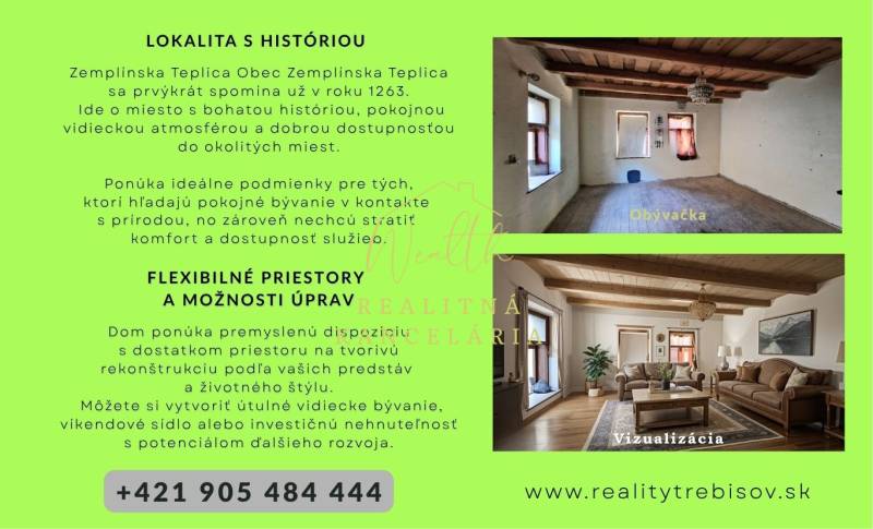 Dispozice rodinného domu s obývacím pokojem a vizualizací zařízení, dřevěný strop.