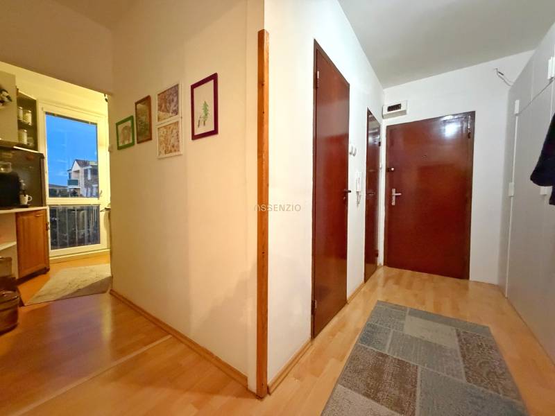 Chodba 3-pokojového bytu s podlahou s dřevěným dekorem, obrazy na stěnách.