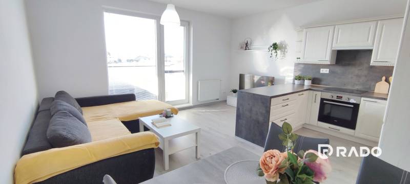 Interiér 2-pokojového bytu s kuchyní, pohovkou a podlahou s dřevěným dekorem.