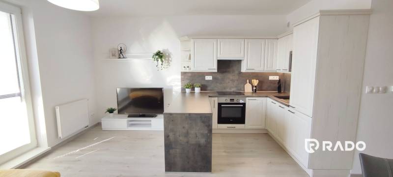 Obývací pokoj s kuchyňským koutem, světlá podlaha s dřevěným dekorem v 2-pokojovém bytě.