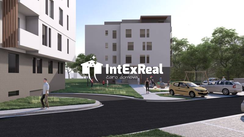 Budova v Galantě, okolí s lidmi, auty a hřištěm, nabídka 2-pokojového bytu.