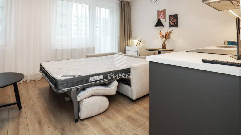 Pokoj s rozkládací pohovkou, podlaha s dřevěným dekorem, světlé závěsy, garsonka.