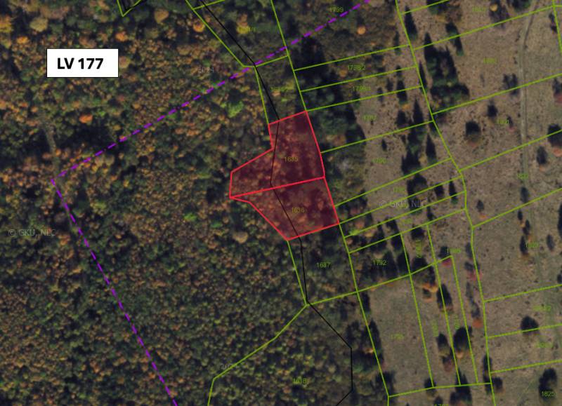 Letecký pohled na zemědělské a lesní pozemky v Lúčkách, zvýrazněné červenou barvou.