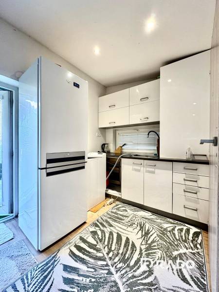 Kuchyně v rodinném domě s bílými skříňkami, velkou lednicí a kobercem s listovým vzorem.