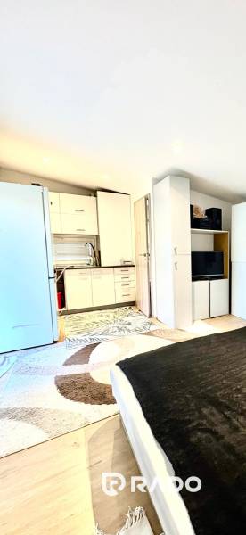 Interiér rodinného domu s vestavěnou kuchyní, postelí a skříněmi, podlaha s dřevěným dekorem.