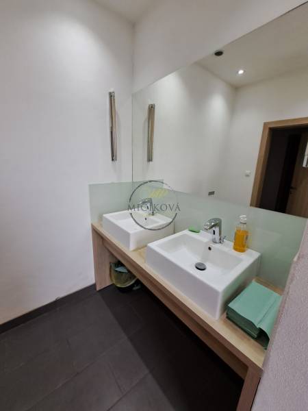 Dvojité umyvadlo v koupelně kanceláří s bílými stěnami a velkým zrcadlem.