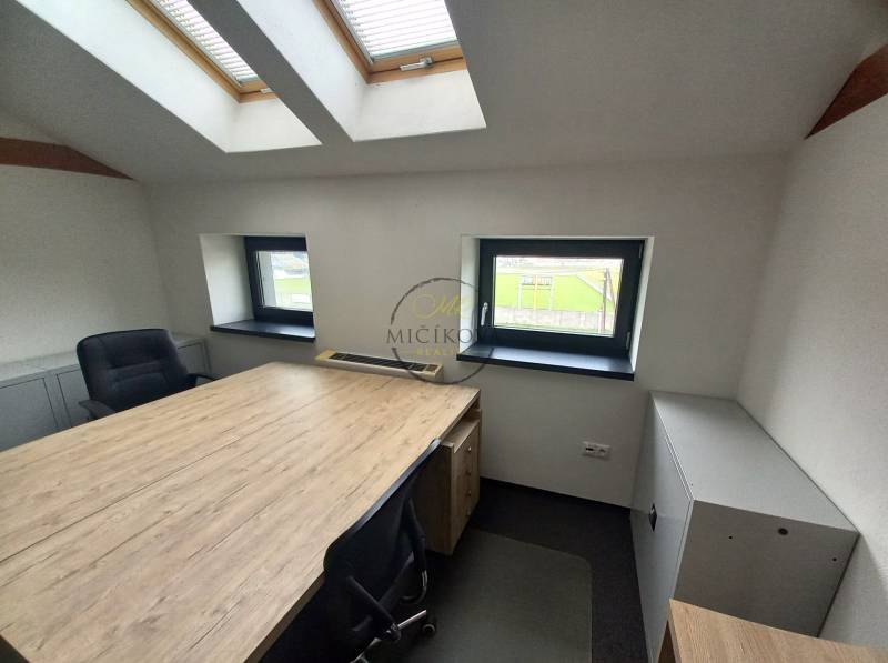 Kanceláře s podlahou s dřevěným dekorem, střešní okna a psací stoly.