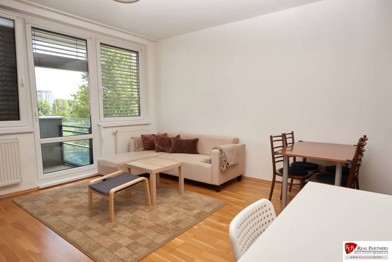 Obývací pokoj s pohovkou, jídelním stolem a podlahou s dřevěným dekorem ve 2pokojovém bytě.