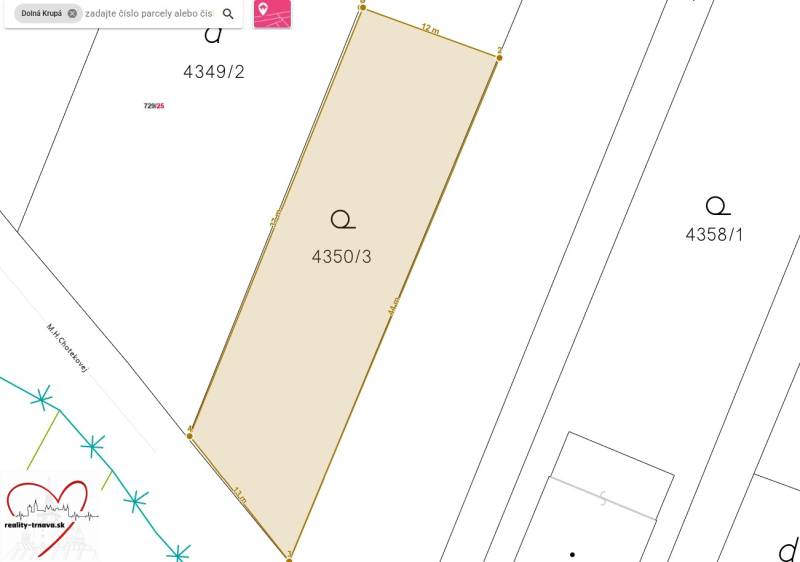 Mapa pozemku na M.H. Chvotekové v Dolní Krupé, určeného k bydlení.