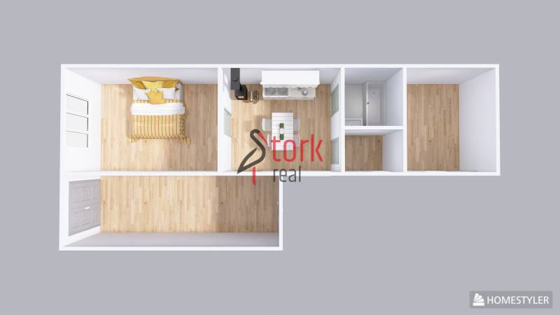 Půdorys rodinného domu s podlahou s dřevěným dekorem, kuchyní a ložnicí.