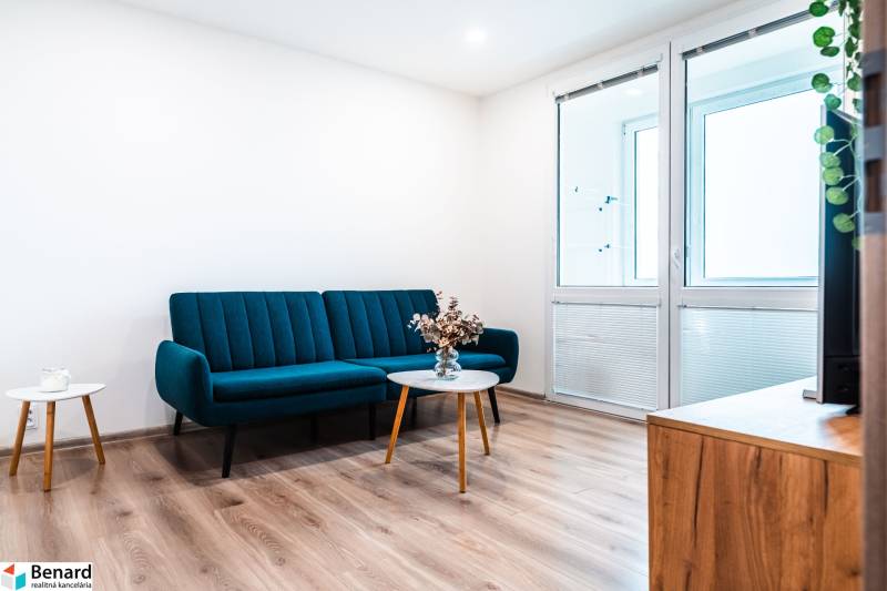 Obývací pokoj v 2-pokojovém bytě s pohovkou, podlahou s dřevěným dekorem a konferenčním stolkem.