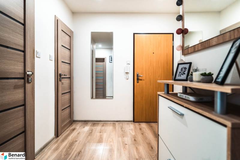 Chodba v 2-pokojovém bytě s podlahou s dřevěným dekorem a dekoracemi.