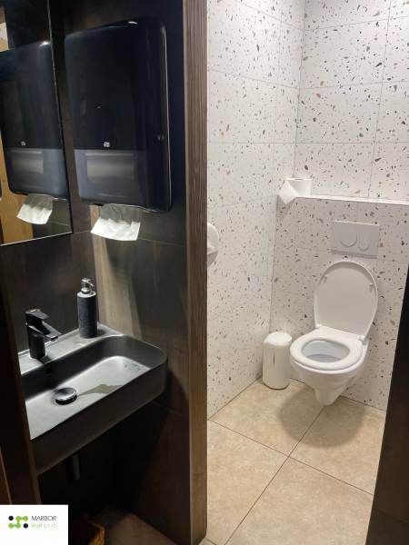 Toaleta v gastro prostorech s umyvadlem, zrcadlem a terrazzo obklady.