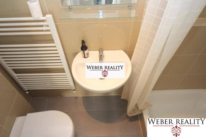 Koupelna v 2-pokojovém bytě se sprchovým koutem a keramickým umyvadlem.