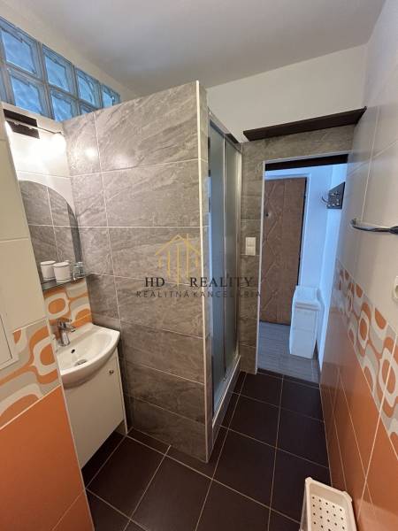 Koupelna s moderními obklady a sprchovým koutem v 1-pokojovém bytě.