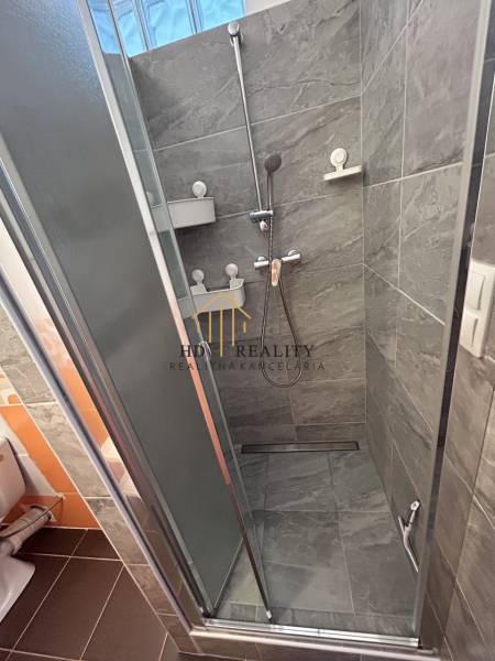 Koupelna s tmavým obkladem a sprchovým koutem v 1-pokojovém bytě.