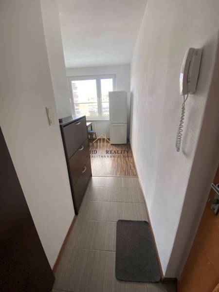 Chodba v 1-pokojovém bytě s interkomem, skříní a podlahou s dřevěným dekorem.