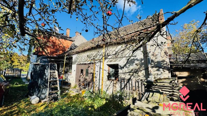 Rodinný dům v Brodzanech se zahradou a ovocnými stromy, modrá obloha, slunečný den.