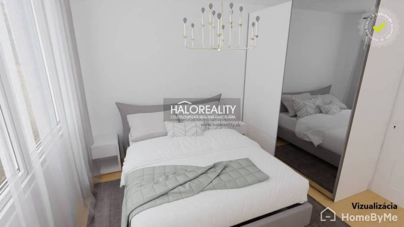 Ložnice ve 3pokojovém bytě s elegantní postelí, bílým nábytkem a svítidlem.