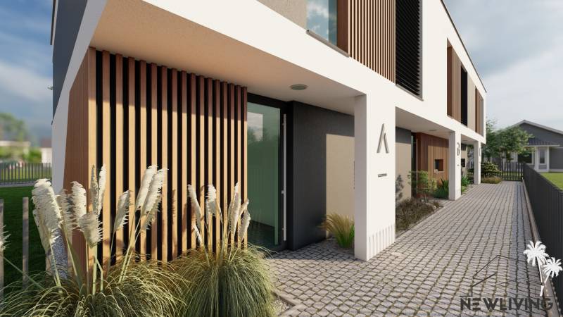 Rodinný dům na Drieňové ulici v Nitře, vstup s dekorem dřeva a dlažbou.