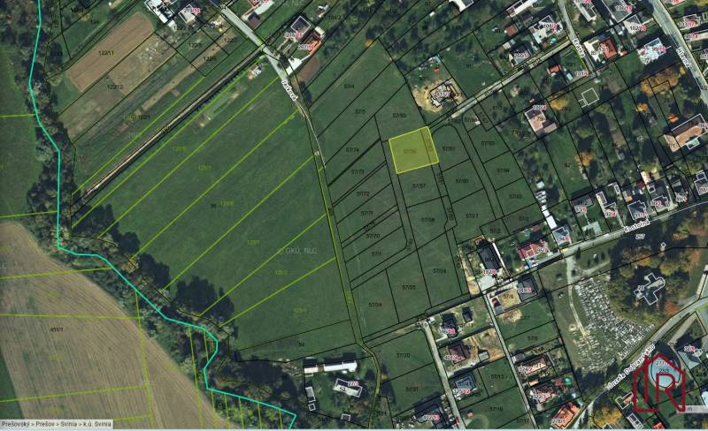 Katastrální mapa Pozemky - bydlení v Svinia se zakreslenými parcelami a ulicemi.