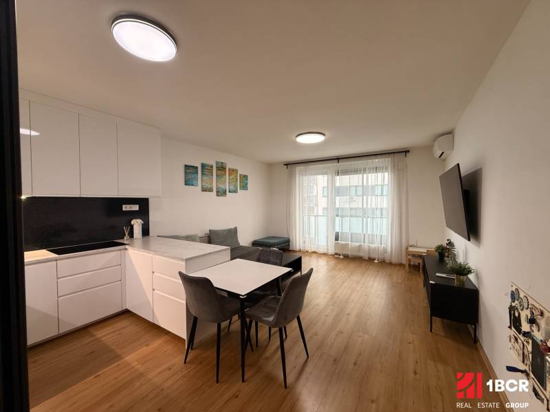 Obývací pokoj v 2-pokojovém bytě s kuchyní a podlahou s dřevěným dekorem.