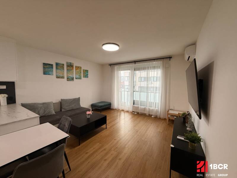 Obývací pokoj v 2pokojovém bytě s podlahou s dřevěným dekorem a gaučem.