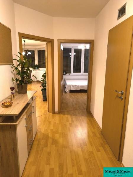 Chodba v 2-pokojovém bytě s podlahou s dřevěným dekorem a rostlinami.