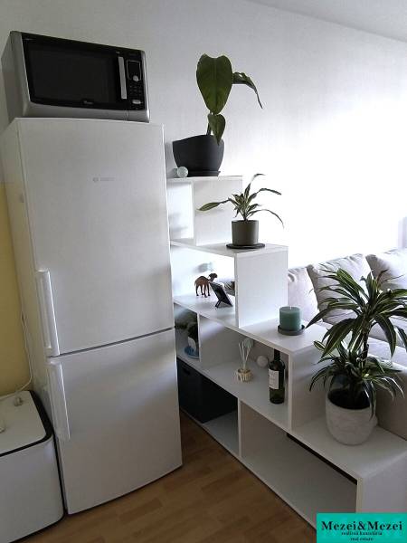 Kuchyňský kout v 2-pokojovém bytě s bílou lednicí a rostlinami na poličkách.