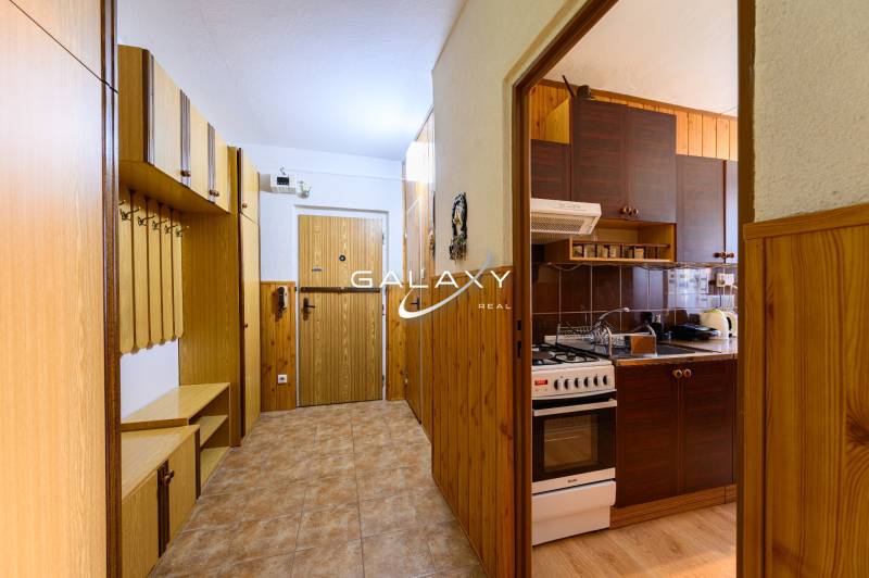 Chodba a kuchyň v 2-pokojovém bytě s dřevěným dekorem a úložnými prostory.