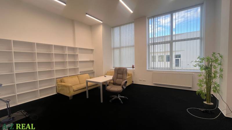Kanceláře s černým kobercem, nábytkem, policovými systémy a velkými okny.