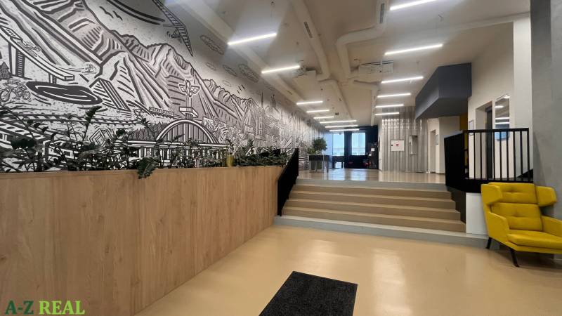 Kanceláře s podlahou s dřevěným dekorem, schody, křeslo a velká nástěnná malba.