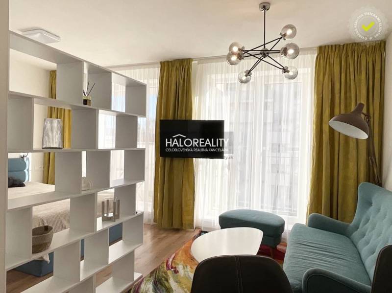 Obývací pokoj s prosvětlenými závěsy, podlahou s dřevěným dekorem a knihovnou v 1-pokojovém bytě.