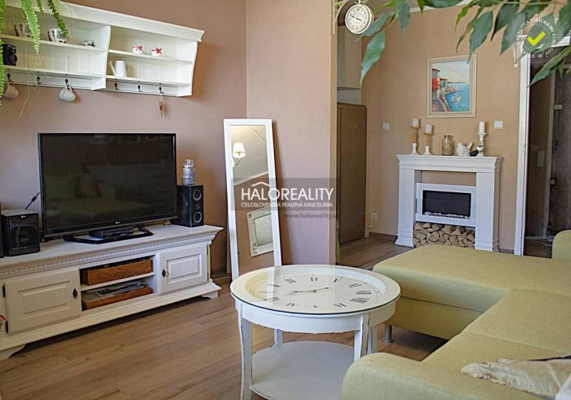 Obývací pokoj s televizí, krbem a podlahou s dřevěným dekorem v 2-pokojovém bytě.