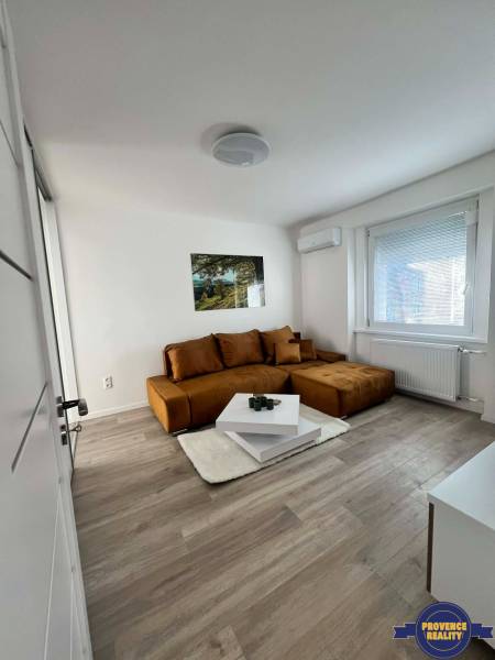 Světlý obývací pokoj v 2-pokojovém bytě s hnědou sedačkou a stolkem na podlaze s dřevěným dekorem.