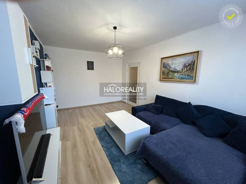 Obývací pokoj v 2-pokojovém bytě s podlahou s dřevěným dekorem a rozkládací pohovkou.