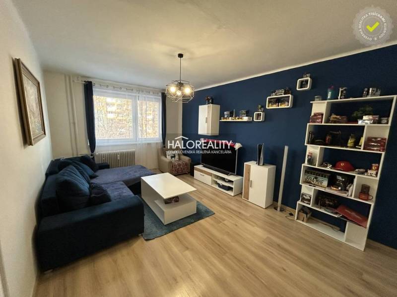 Obývací pokoj s tmavomodrou stěnou, sedačkou, podlahou s dřevěným dekorem a nábytkem v 2pokojovém bytě.