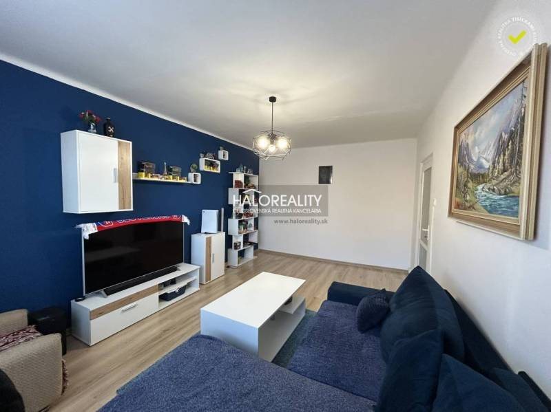 Světlý obývací pokoj v 2-pokojovém bytě, modrá stěna, sedačka, TV a podlaha s dřevěným dekorem.