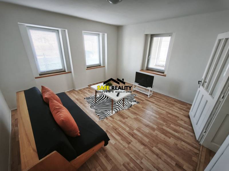 Obývací pokoj v rodinném domě s pohovkou, televizí a podlahou s dřevěným dekorem.