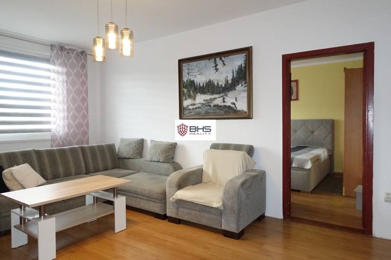 Obývací pokoj v 3-pokojovém bytě s pohovkou, křeslem a podlahou s dřevěným dekorem.