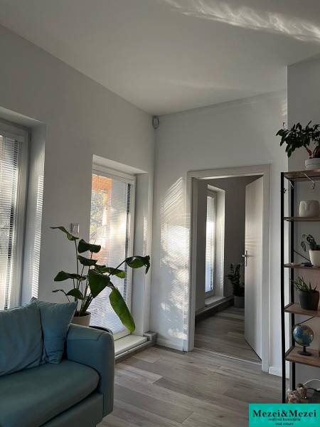 Světlý obývací pokoj s rostlinami, pohovkou a podlahou s dřevěným dekorem ve 4pokojovém bytě.