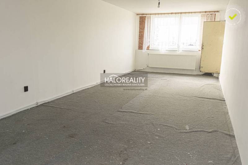 Prázdný interiér obchodních prostor s kobercem a velkým oknem, světlé stěny.