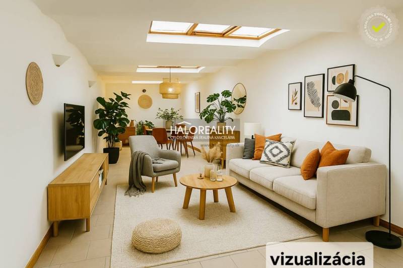 Světlý obchodní prostor s pohovkou, rostlinami a dekoracemi na stěnách.