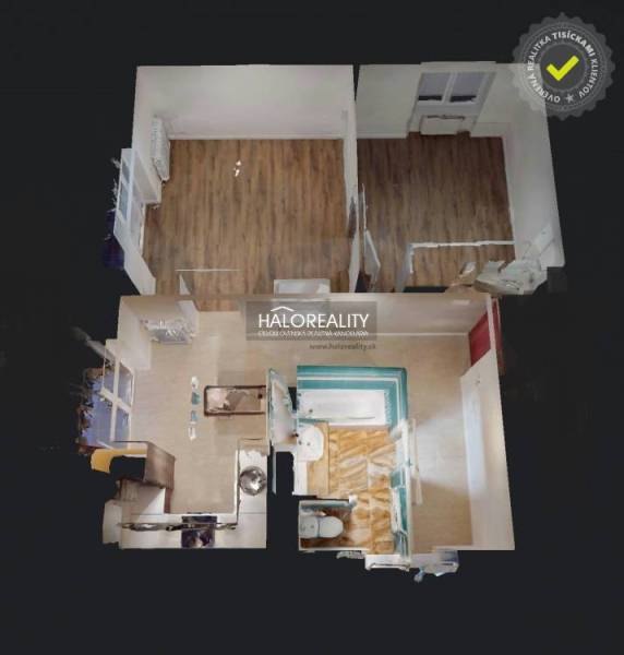 Půdorys 2-pokojového bytu s podlahou s dřevěným dekorem a vybavenou koupelnou.